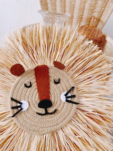 15.7 inch Wall Art Animal Head Hand Knitted Hanging,Cotton Thread Weaving Straw Cartoon Tassel Beard Lion Tiger Macrame Pendant Nursery Room Wall Decor for Home Decoration in Kuwait