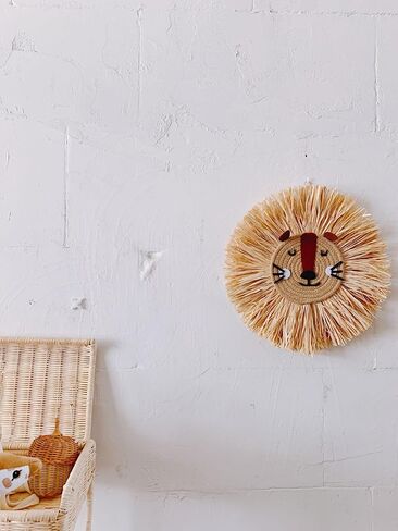 15.7 inch Wall Art Animal Head Hand Knitted Hanging,Cotton Thread Weaving Straw Cartoon Tassel Beard Lion Tiger Macrame Pendant Nursery Room Wall Decor for Home Decoration in Kuwait