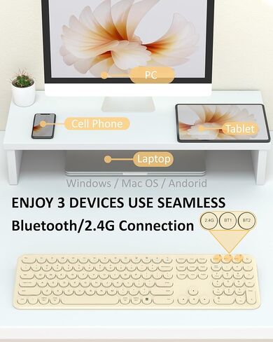 Quiet Bluetooth Keyboard - Multi-Device Aesthetic Wireless Keyboard - 110 Keys Full Size Slim Cute Keyboard for Laptop, Computer, PC, Notebook, Windows, Mac OS, Android (Khaki) in Saudi Arabia