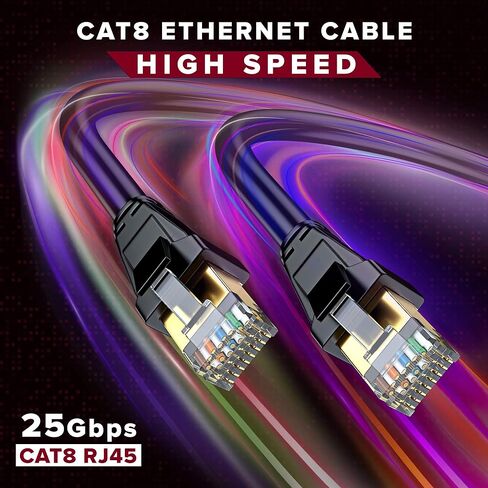 Maximm Cat 8 Ethernet Cable 12 ft, Flat Cable with Gold-Plated RJ45 Connector, LAN Internet Cable, Network Cable for Modems, Routers, High Speed, Black in Saudi Arabia