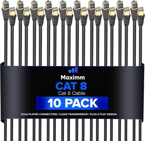 Maximm Cat 8 Ethernet Cable 12 ft, Flat Cable with Gold-Plated RJ45 Connector, LAN Internet Cable, Network Cable for Modems, Routers, High Speed, Black in Saudi Arabia
