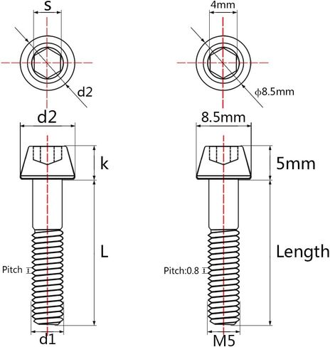 التيتانيوم Ti Bolt M5x9 16 18 20 25 30 35 40 45 50 55 60 مم مجموعة براغي مدببة الرأس مكونة من 4 (M5x30mm، أسود) in Kuwait