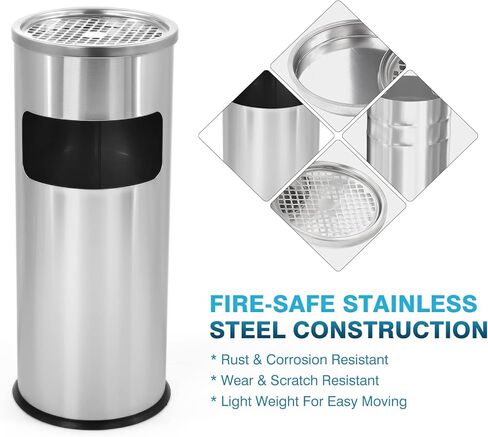 IRONWALLS Indoor Outdoor Trash Can with Lid, Black Stainless Steel Garbage Can, Removable Inner Bucket, Round Commercial Waste Bin Container Trash Receptacle for Office, Hotel in Kuwait