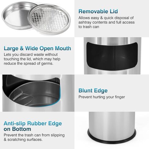 IRONWALLS Indoor Outdoor Trash Can with Lid, Black Stainless Steel Garbage Can, Removable Inner Bucket, Round Commercial Waste Bin Container Trash Receptacle for Office, Hotel in Kuwait