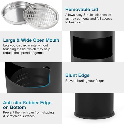 IRONWALLS Indoor Outdoor Trash Can with Lid, Black Stainless Steel Garbage Can, Removable Inner Bucket, Round Commercial Waste Bin Container Trash Receptacle for Office, Hotel in Kuwait