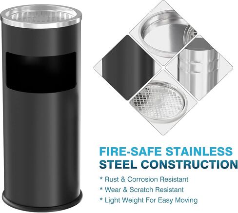 IRONWALLS Indoor Outdoor Trash Can with Lid, Black Stainless Steel Garbage Can, Removable Inner Bucket, Round Commercial Waste Bin Container Trash Receptacle for Office, Hotel in Kuwait