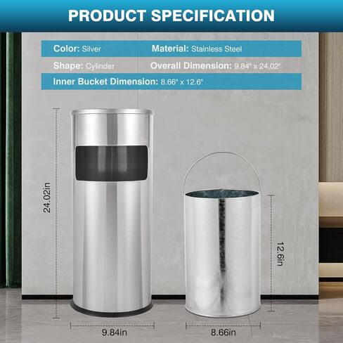 IRONWALLS Indoor Outdoor Trash Can with Lid, Black Stainless Steel Garbage Can, Removable Inner Bucket, Round Commercial Waste Bin Container Trash Receptacle for Office, Hotel in Kuwait