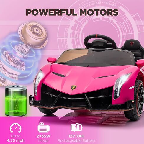 سيارة ركوب للأطفال 12 فولت، سيارة لامبورغيني فينينو مرخصة من باتيكوين للأطفال للقيادة مع جهاز تحكم عن بعد، 3 سرعات، أبواب هيدروليكية، أضواء LED، هزاز وموسيقى، سيارة كهربائية تعمل بالبطارية للأطفال، وردي in Kuwait