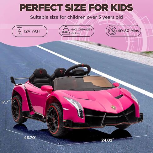 سيارة ركوب للأطفال 12 فولت، سيارة لامبورغيني فينينو مرخصة من باتيكوين للأطفال للقيادة مع جهاز تحكم عن بعد، 3 سرعات، أبواب هيدروليكية، أضواء LED، هزاز وموسيقى، سيارة كهربائية تعمل بالبطارية للأطفال، وردي in Kuwait