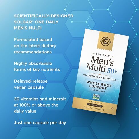 Solgar One Daily Men's Multi 50+ Whole Body Support for Men 50 and Older Highly Absorbable Delayed Release Heart, Energy, Stress, Muscle, Bone, Prostate Support Vitamin 60 Vegan Capsules, 60 Servings in Saudi Arabia