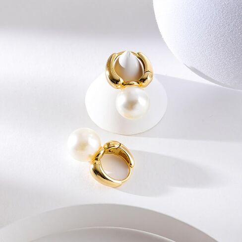 Acrylic Resin C Shape Open Hoop Earrings with Pearl Ball Back Hypoallergenic Double Sided Faux Pearl Statement Hoop Earrings for Women Girls in Saudi Arabia
