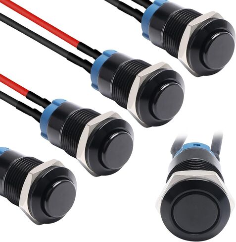 STARELO 5pcs 12mm Latching Push Button Switch Black Shell مع الأسلاك المسبقة، IP65 مفتاح زر الضغط المقاوم للماء، سبائك الألومنيوم 1 مفتوح عادة بدون LED. in Saudi Arabia