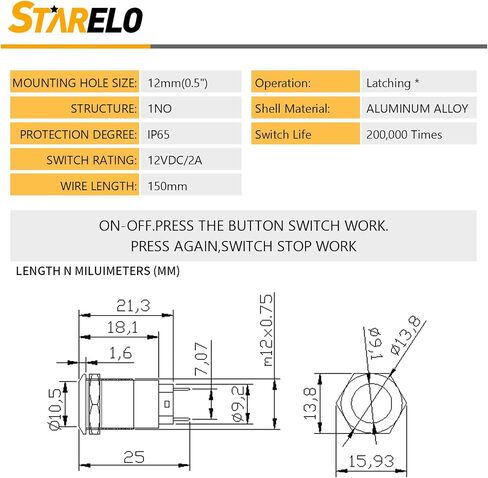 STARELO 5pcs 12mm Latching Push Button Switch Black Shell مع الأسلاك المسبقة، IP65 مفتاح زر الضغط المقاوم للماء، سبائك الألومنيوم 1 مفتوح عادة بدون LED. in Saudi Arabia