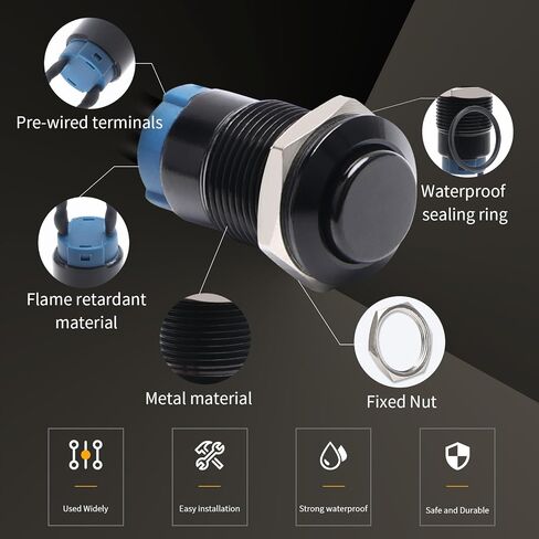 STARELO 5pcs 12mm Latching Push Button Switch Black Shell مع الأسلاك المسبقة، IP65 مفتاح زر الضغط المقاوم للماء، سبائك الألومنيوم 1 مفتوح عادة بدون LED. in Saudi Arabia