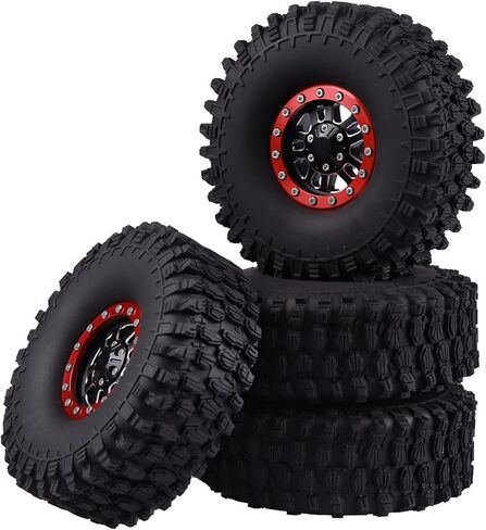 إطارات عجلة Beadlock من الألومنيوم مقاس 1.9 بوصة مع غطاء غبار وإطارات زحف الصخور بإطارات بارتفاع 120 مم متوافقة مع زاحف 1/10 SCX10 TRX4 Gen7 GEN8 (أحمر) in Kuwait