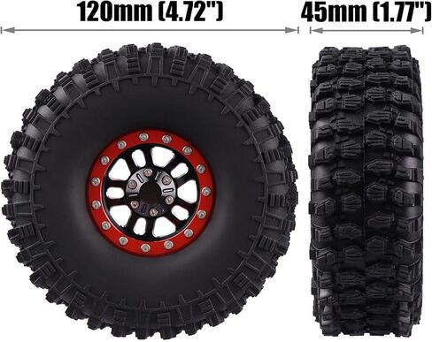 إطارات عجلة Beadlock من الألومنيوم مقاس 1.9 بوصة مع غطاء غبار وإطارات زحف الصخور بإطارات بارتفاع 120 مم متوافقة مع زاحف 1/10 SCX10 TRX4 Gen7 GEN8 (أحمر) in Kuwait