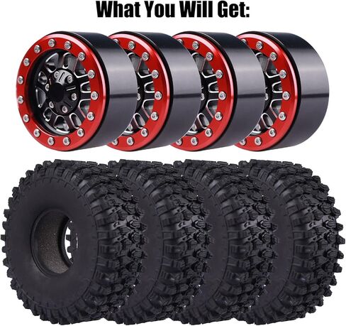 إطارات عجلة Beadlock من الألومنيوم مقاس 1.9 بوصة مع غطاء غبار وإطارات زحف الصخور بإطارات بارتفاع 120 مم متوافقة مع زاحف 1/10 SCX10 TRX4 Gen7 GEN8 (أحمر) in Kuwait