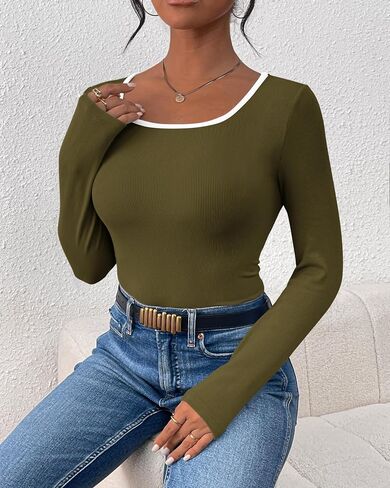 PRETTYGARDEN Womens Tops Spring Long Sleeve Scoop Neck Slim Fit Ribbed Knit Basic T Shirts Color Block Going Out Shirt in Saudi Arabia