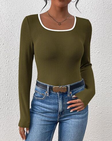 PRETTYGARDEN Womens Tops Spring Long Sleeve Scoop Neck Slim Fit Ribbed Knit Basic T Shirts Color Block Going Out Shirt in Saudi Arabia