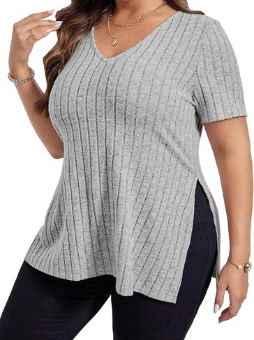 قمصان نسائية بمقاسات كبيرة كاجوال بياقة على شكل V وأكمام قصيرة، بلوزات بحاشية مقسمة، بلوزات صيفية 2XL-5XL in Kuwait