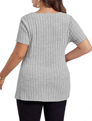 قمصان نسائية بمقاسات كبيرة كاجوال بياقة على شكل V وأكمام قصيرة، بلوزات بحاشية مقسمة، بلوزات صيفية 2XL-5XL in Kuwait