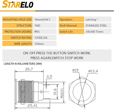 STARELO 5pcs 12mm Latching Push Button Switch Black Shell مع الأسلاك المسبقة، IP65 مفتاح زر الضغط المقاوم للماء، سبائك الألومنيوم 1 مفتوح عادة بدون LED. in Saudi Arabia