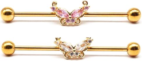 14G Stainless Steel Industrial Barbell Earrings Long Bar Butterfly Industrial Piercing Jewelry for Women Mens Cartilage Body Retainer 2Pcs in Saudi Arabia