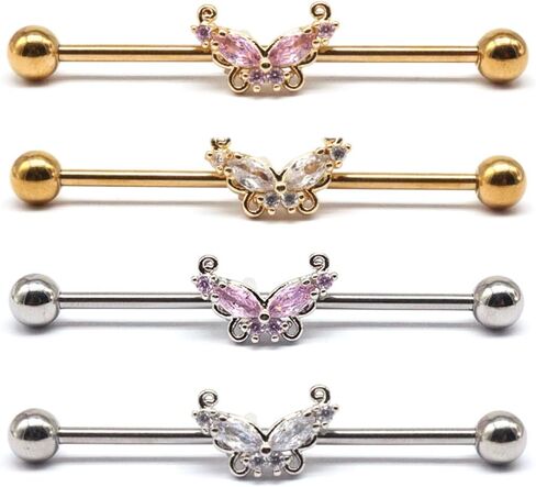 14G Stainless Steel Industrial Barbell Earrings Long Bar Butterfly Industrial Piercing Jewelry for Women Mens Cartilage Body Retainer 2Pcs in Saudi Arabia