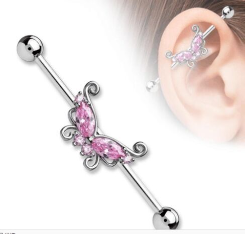 14G Stainless Steel Industrial Barbell Earrings Long Bar Butterfly Industrial Piercing Jewelry for Women Mens Cartilage Body Retainer 2Pcs in Saudi Arabia