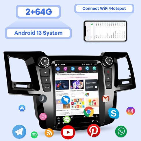 [2+64G] راديو سيارة لسيارة Toyota Hilux 2005 2006 2007 2008 2009 2010 2011 2012 2013 2014-9.7 بوصة Android 13 شاشة لمس رأسية ستيريو، Carplay/Android Auto/Hi-Fi Audio/1080P/SWC/Bluetooth in Saudi Arabia