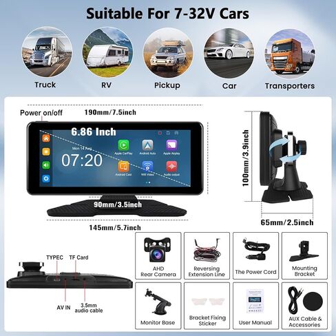 SIXWIN Wireless Apple Carplay Android Auto 6.86 بوصة شاشة تشغيل السيارة تعمل باللمس مع كاميرا أمامية 4K DVR واي فاي فيديو بلوتوث FM جهاز إرسال مرآة رابط حلقة فيديو احتياطية كاميرا قابلة للتعديل in Saudi Arabia