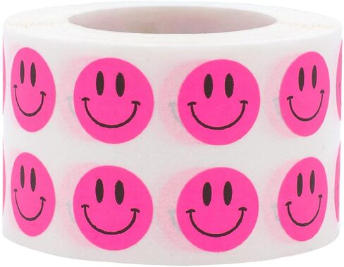 1/2" Inch Small Fluorescent Pink Happy Face Labels, 1,000 Total Adhesive Stickers on a Roll, Perfect for Kids Classroom Incentives, Motivational Chart Use in Saudi Arabia