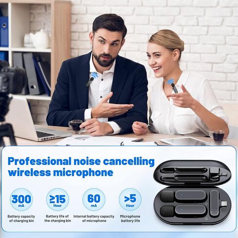 Wireless Lavalier Microphone for iPhone iPad Lapel Mics Plug-Play Lapel Microphone 2 Clip-on Microphones for Video Recording Vlogging, YouTube, Interview, 3 Mode Denoise in Saudi Arabia
