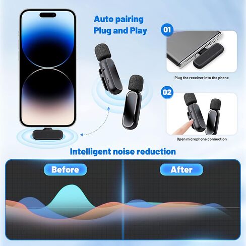 Wireless Lavalier Microphone for iPhone iPad Lapel Mics Plug-Play Lapel Microphone 2 Clip-on Microphones for Video Recording Vlogging, YouTube, Interview, 3 Mode Denoise in Saudi Arabia