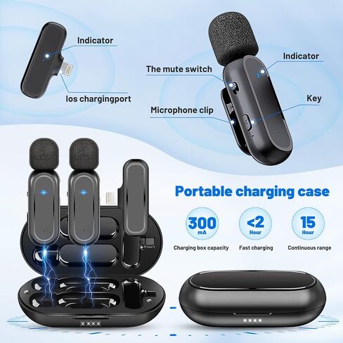 Wireless Lavalier Microphone for iPhone iPad Lapel Mics Plug-Play Lapel Microphone 2 Clip-on Microphones for Video Recording Vlogging, YouTube, Interview, 3 Mode Denoise in Saudi Arabia