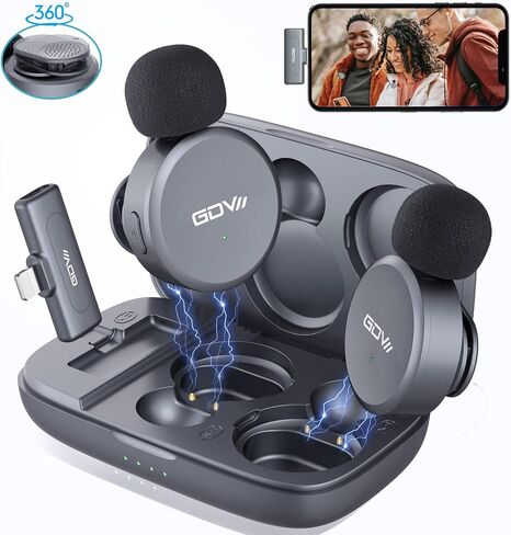 ميكروفون GDV لاسلكي Lavalier لأجهزة iPhone iPad، طقم 2 ميكروفونات مع علبة شحن، تقليل الضوضاء 2.4 جيجا هرتز، توصيل ميكروفون تلقائي للمزامنة والتشغيل لليوتيوب، فيسبوك، البث المباشر، التسجيل، Tiktok in Saudi Arabia
