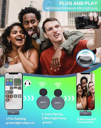 ميكروفون GDV لاسلكي Lavalier لأجهزة iPhone iPad، طقم 2 ميكروفونات مع علبة شحن، تقليل الضوضاء 2.4 جيجا هرتز، توصيل ميكروفون تلقائي للمزامنة والتشغيل لليوتيوب، فيسبوك، البث المباشر، التسجيل، Tiktok in Saudi Arabia