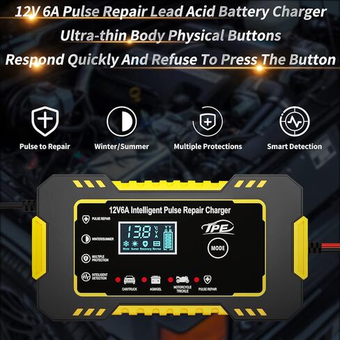 TPE Car Battery Charger 6 Amp 12V Battery Charger Automotive, Trickle Charger for Car Battery Smart Battery Charger for Lead Acid Batteries Car Truck Motorcycle Lawn Mower Marine in Kuwait