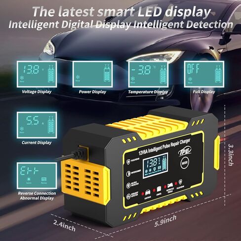 TPE Car Battery Charger 6 Amp 12V Battery Charger Automotive, Trickle Charger for Car Battery Smart Battery Charger for Lead Acid Batteries Car Truck Motorcycle Lawn Mower Marine in Kuwait