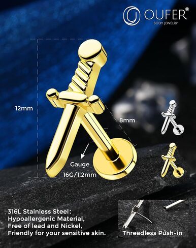 OUFER Cartilage Helix Earrings, 316L Surgical Steel 16G Earring Studs Silver Gold Flat Back, Threadless Sword Element Cartilage Helix Tragus Conch Lobe Lip Piercing Jewelry for Women and Men in Saudi Arabia