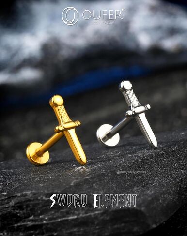 OUFER Cartilage Helix Earrings, 316L Surgical Steel 16G Earring Studs Silver Gold Flat Back, Threadless Sword Element Cartilage Helix Tragus Conch Lobe Lip Piercing Jewelry for Women and Men in Saudi Arabia