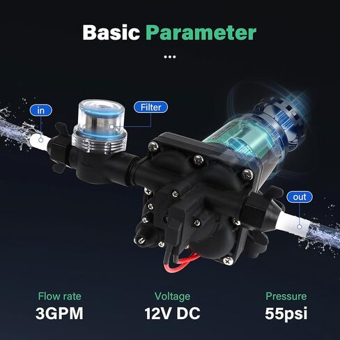 4138-111-E65، مضخة مياه Aqua-KingII، مضخة مياه Rv، 3GPM-55PSI، مضخة مياه تيار مستمر 12 فولت مع مفتاح ضغط ومصفاة، تحضير ذاتي يصل إلى 6 أقدام، مضخة مياه عذبة هادئة، مناسبة للمركبات الترفيهية والحديقة والتخييم in Kuwait