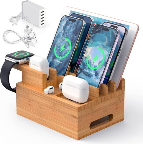 Bamboo Charging Station, Electronic Docking Station Organizer, Charger Organizer Compatible with Earbuds, Watch, Cell Phone, Tablet (Included 6 Charging Cables, 5 Ports Charger) in Saudi Arabia