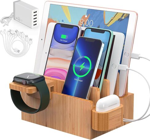 Bamboo Charging Station, Electronic Docking Station Organizer, Charger Organizer Compatible with Earbuds, Watch, Cell Phone, Tablet (Included 6 Charging Cables, 5 Ports Charger) in Saudi Arabia