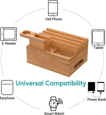 Bamboo Charging Station, Electronic Docking Station Organizer, Charger Organizer Compatible with Earbuds, Watch, Cell Phone, Tablet (Included 6 Charging Cables, 5 Ports Charger) in Saudi Arabia