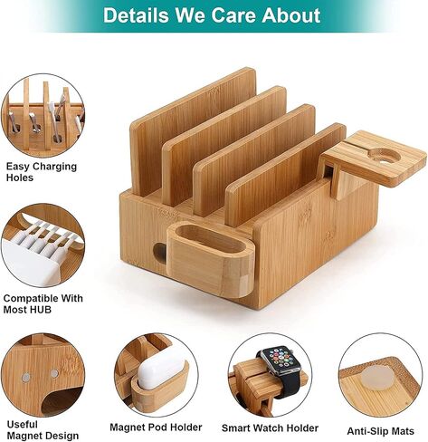 Bamboo Charging Station, Electronic Docking Station Organizer, Charger Organizer Compatible with Earbuds, Watch, Cell Phone, Tablet (Included 6 Charging Cables, 5 Ports Charger) in Saudi Arabia