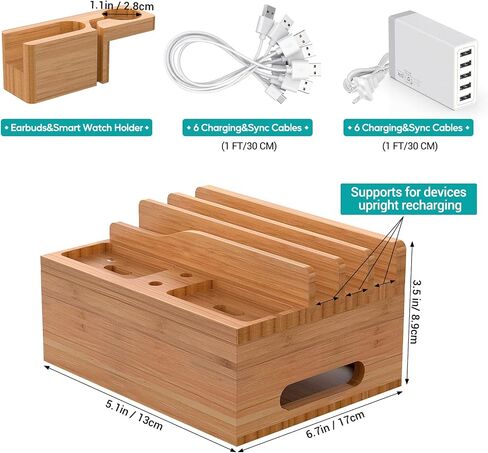 Bamboo Charging Station, Electronic Docking Station Organizer, Charger Organizer Compatible with Earbuds, Watch, Cell Phone, Tablet (Included 6 Charging Cables, 5 Ports Charger) in Saudi Arabia