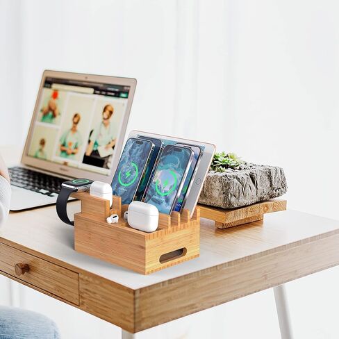 Bamboo Charging Station, Electronic Docking Station Organizer, Charger Organizer Compatible with Earbuds, Watch, Cell Phone, Tablet (Included 6 Charging Cables, 5 Ports Charger) in Saudi Arabia