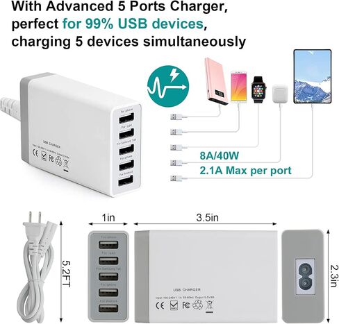 Bamboo Charging Station, Electronic Docking Station Organizer, Charger Organizer Compatible with Earbuds, Watch, Cell Phone, Tablet (Included 6 Charging Cables, 5 Ports Charger) in Saudi Arabia