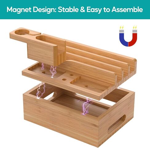 Bamboo Charging Station, Electronic Docking Station Organizer, Charger Organizer Compatible with Earbuds, Watch, Cell Phone, Tablet (Included 6 Charging Cables, 5 Ports Charger) in Saudi Arabia